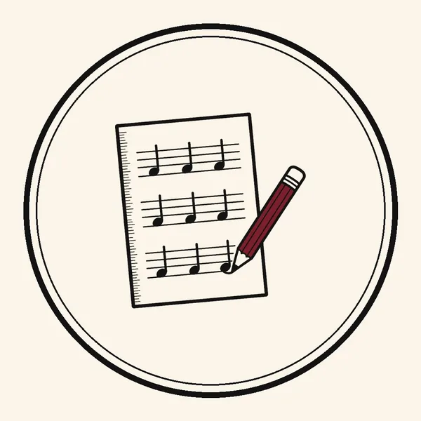 Ink drawing of sheet music with a burgundy pencil writing a note